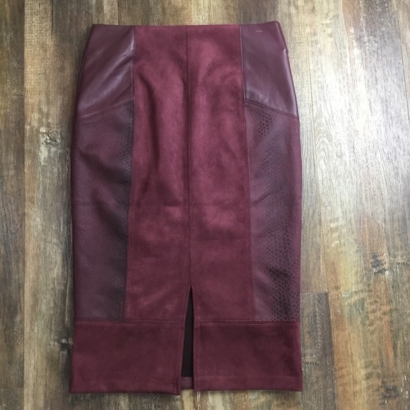 MARC New York By Andrew Marc Patchwork MIDI Pencil Skirt Deep Burgundy - Picture 3 of 11